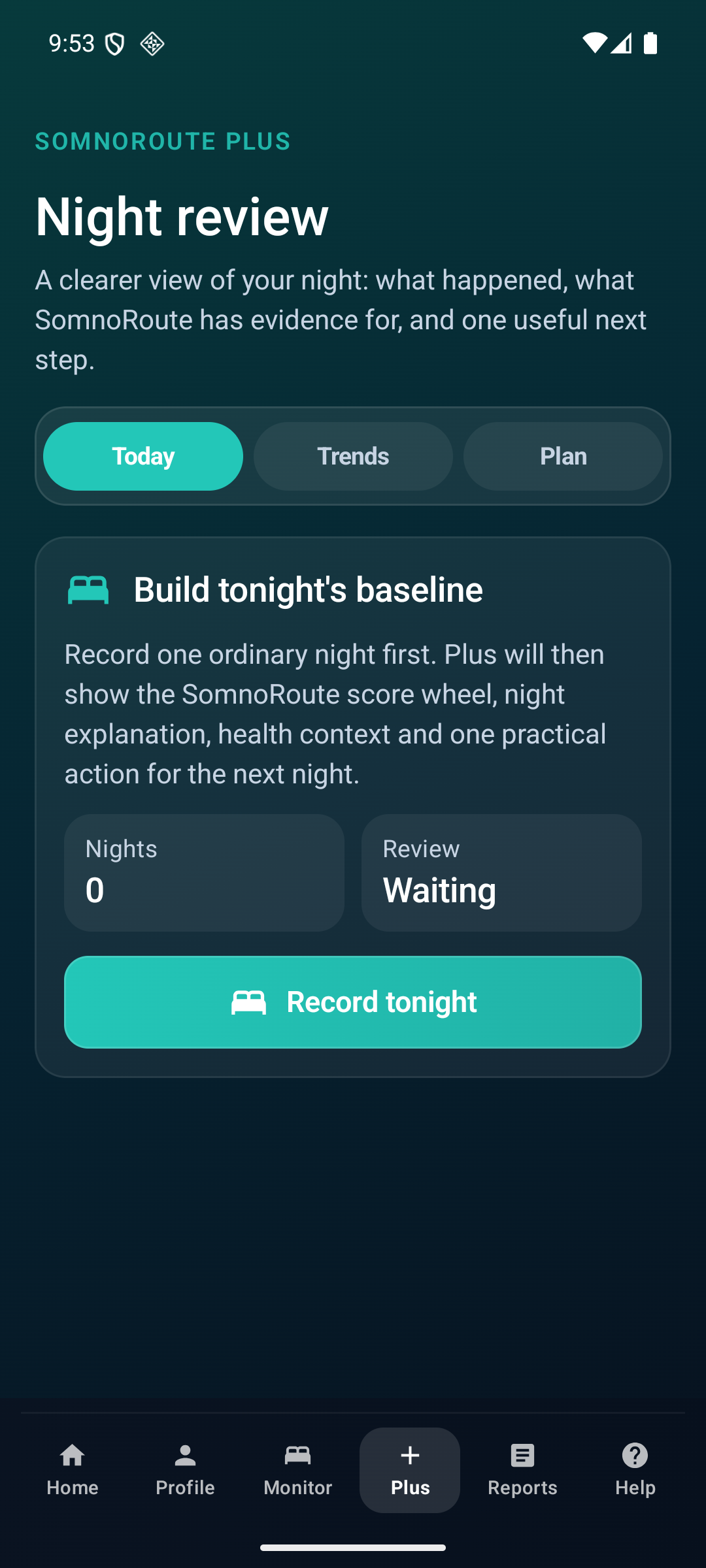 Current private-beta SomnoRoute Android Plus screen showing the morning review workflow