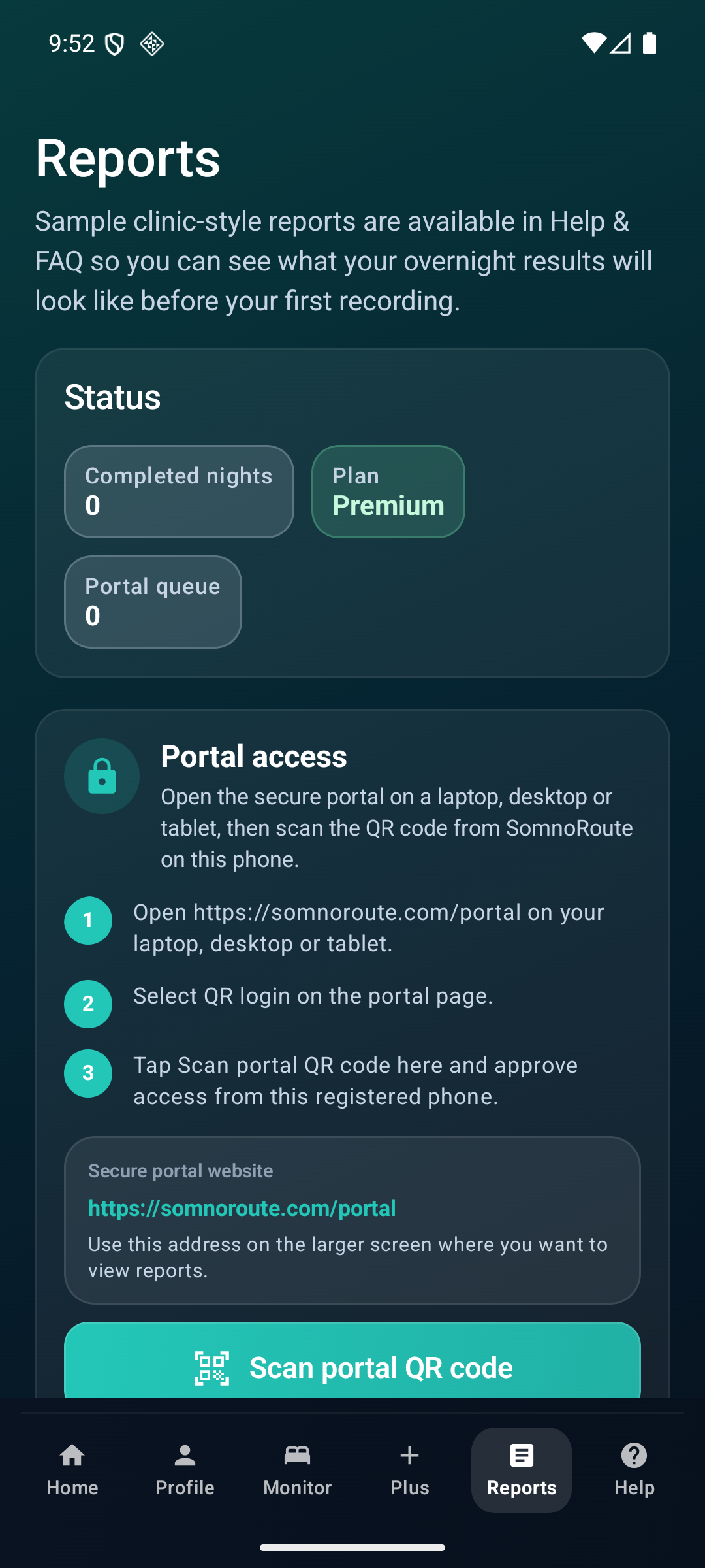 Current private-beta SomnoRoute Android Reports screen showing report status and secure portal access