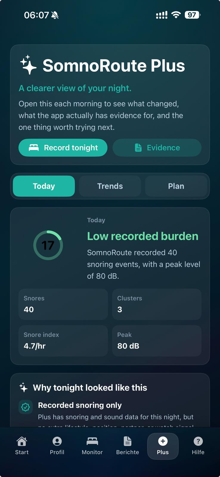 Current private-beta SomnoRoute iPhone Plus screen showing a morning summary and recorded snoring evidence