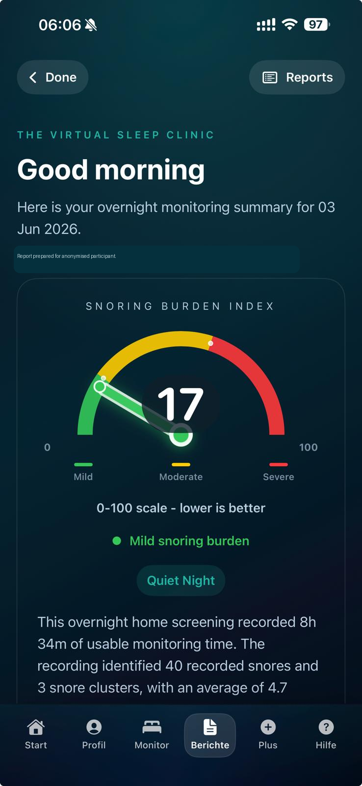 Current SomnoRoute morning report screen showing Snoring Burden Index, mild snoring burden, recording duration, snore count, clusters, and average snore score