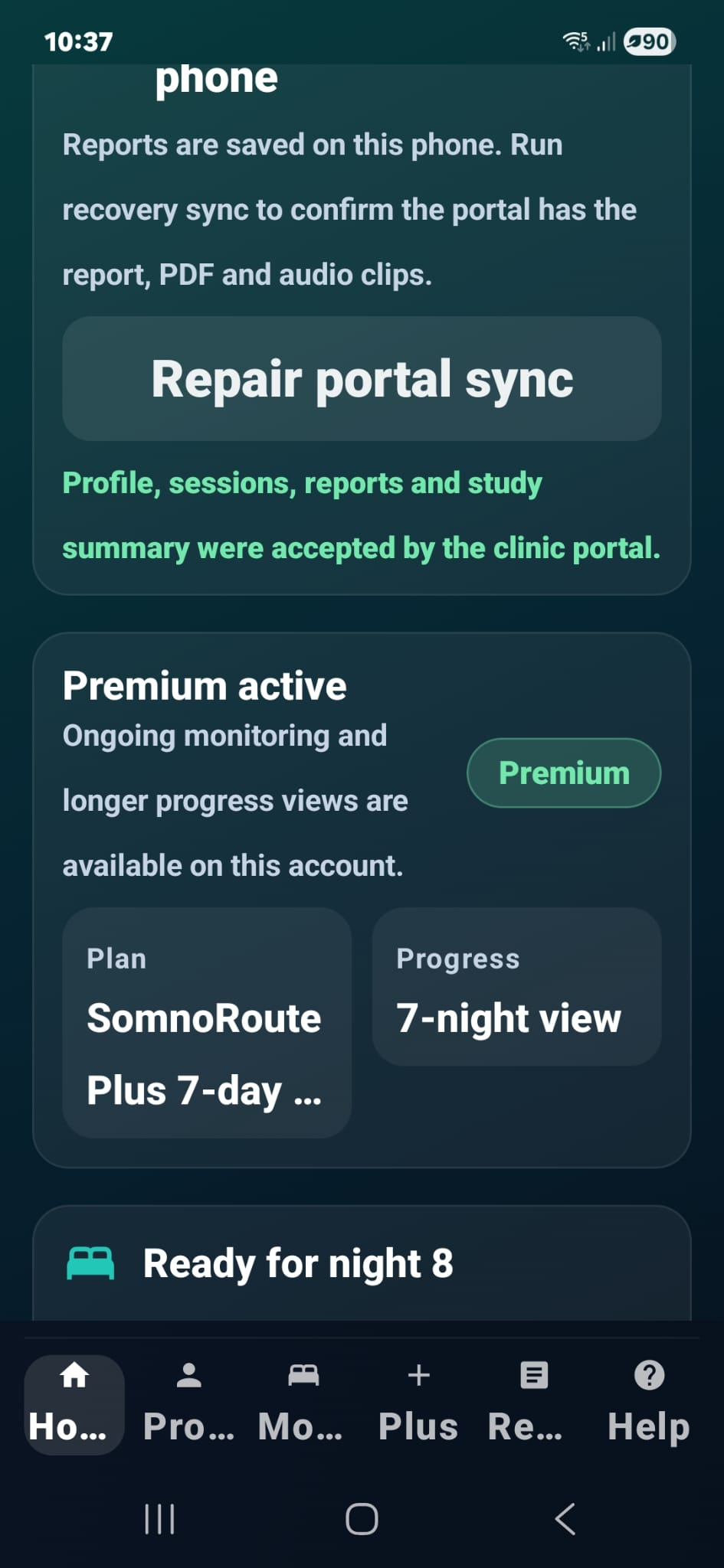 Current SomnoRoute home screen showing portal sync, premium status, plan progress, and ready for night status