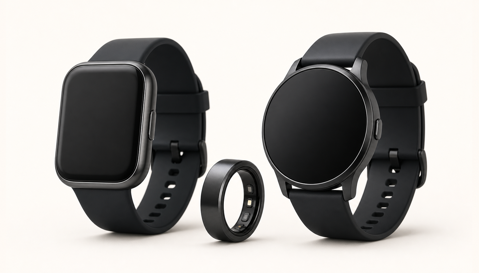Two generic non-branded smartwatches and a smart ring representing connected sleep devices