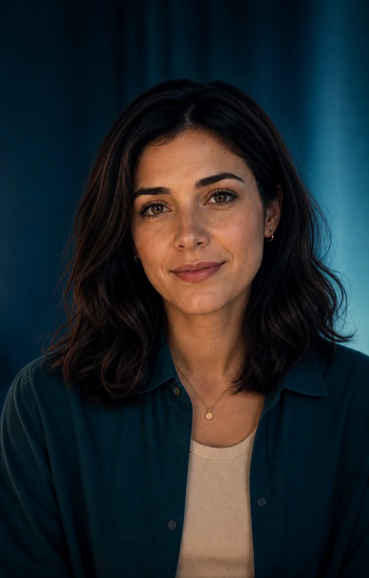 Mira, SomnoRoute's AI-created spokesperson, wearing a teal shirt against a dark blue background