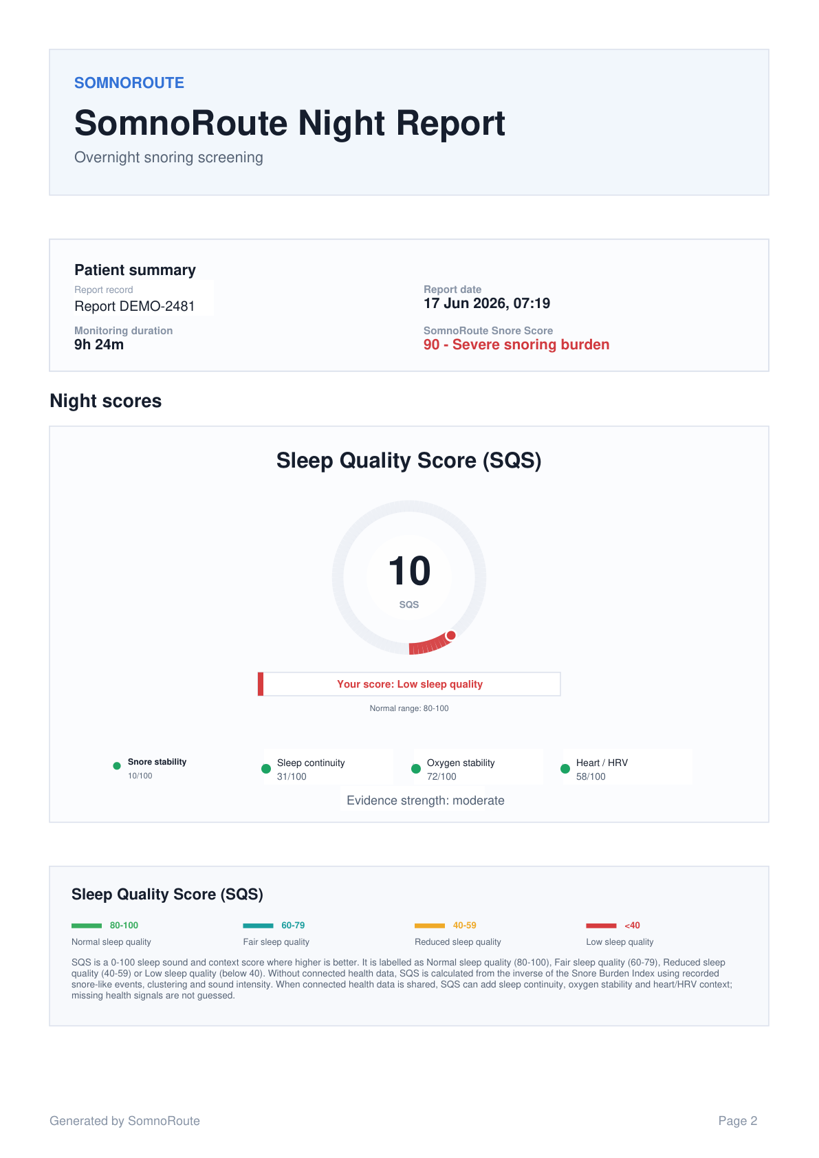 Page 2 of an example SomnoRoute overnight report PDF